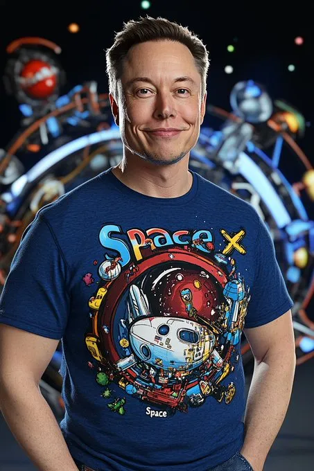 fun prompt for Elon results. Midjourney V6.1
a portrait of Elon Musk wearing a "Space X" t-shirt. --chaos 20 --ar 2:3 --style raw --sref 1364906928 --personalize qaah3be --stylize 200 --v 6.1
#promptshare #Elon_Musk  #spacex