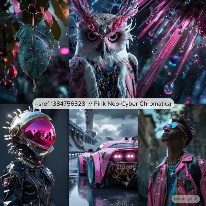 SREF from the collection.

--sref 1384756328 // Pink Neo-Cyber Chromatica

Dark futuristic photorealism and hyperrealism with pops of pink.

These images were created with Midjourney v6.0 and --sw 100. Try it in v6.1!

#midjourney #aiartcommunity #aiart #midjourneyv6