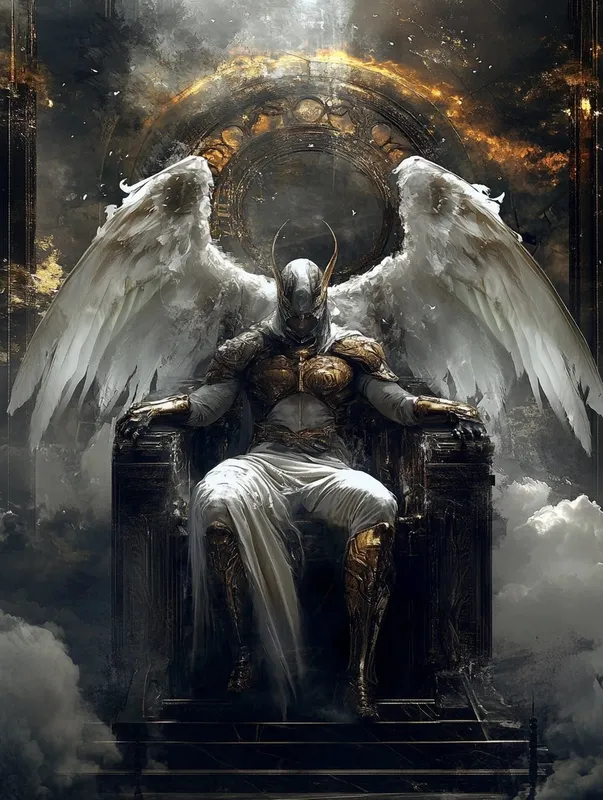 Image: @midjourney 
Prompt: @morphrAI 

--sref 159483294

Prompt:

angelic fantasy style, regal winged figure reclines on ornate throne, golden armor gleams, serene expression contrasts with battle-worn appearance, fantasy art, celestial, majestic, battle-worn, centered throne