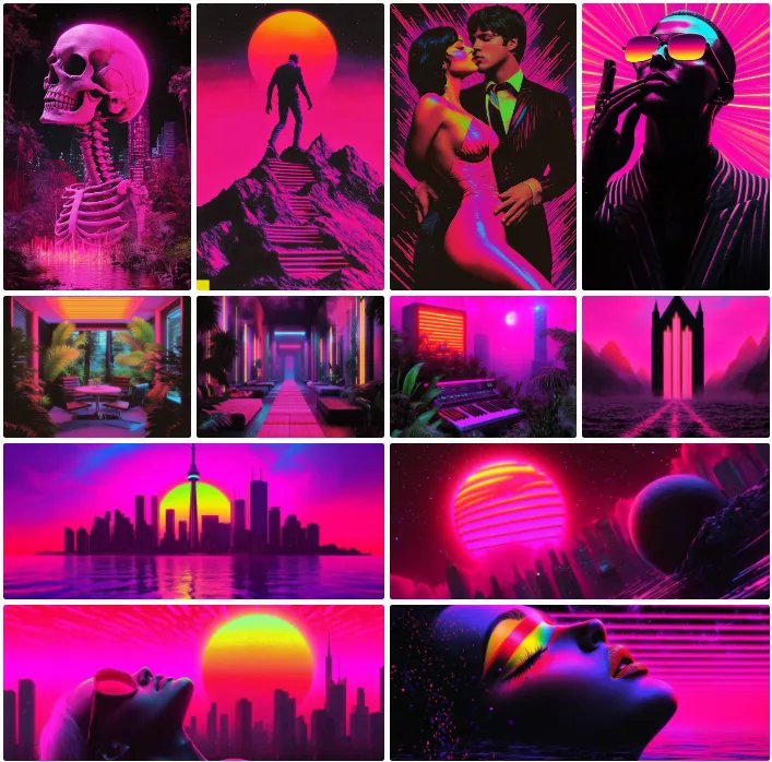 [Electric Euphoria]
--sref 1652071529 --personalize 8w3i9ck

- a blast of neon energy and retro vibes
- bold visuals that pulse with life and mystery
- a celebration of the surreal and the sublime
#midjourney