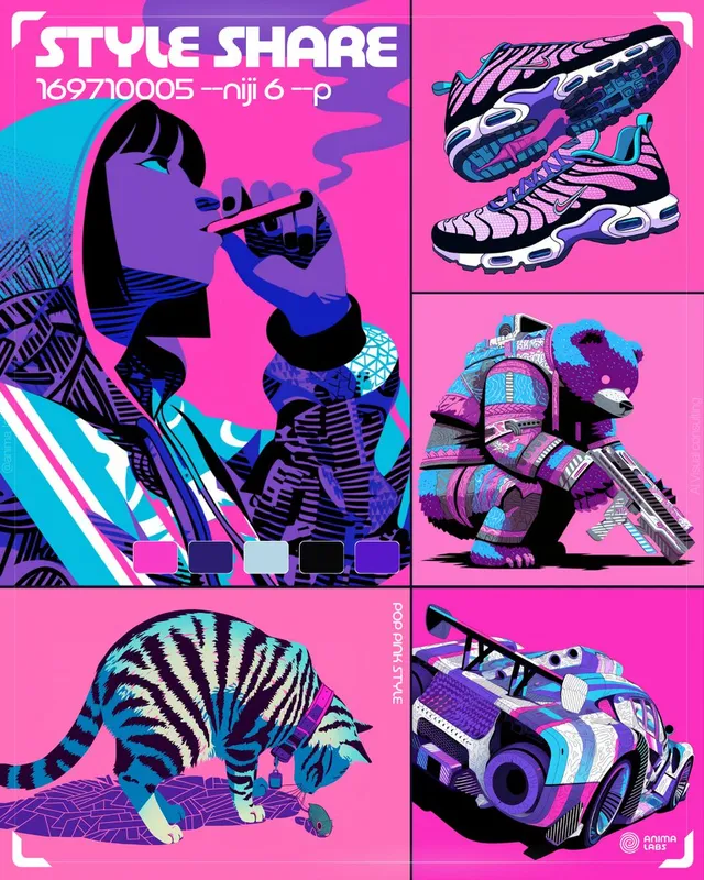 STYLE SHARE 

"Pop Pink Style" is so cool for Streetwear and Fun Visuals  

Try this style :  [Your prompt] --sref 169710005 --niji 6 --p