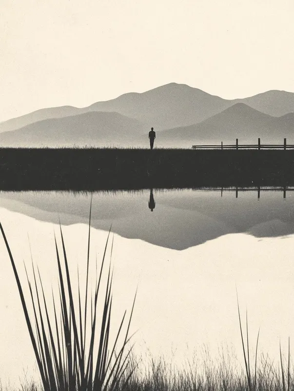 Prompt: Made with @morphrAI prompt generator
Image: @Midjourney

--sref 170998990

Prompt below:

sepia-toned photograph, solitary figure in field, water reflection single figure, misty mountains in background, rippling water surface, weathered fence posts, swaying reeds, duality