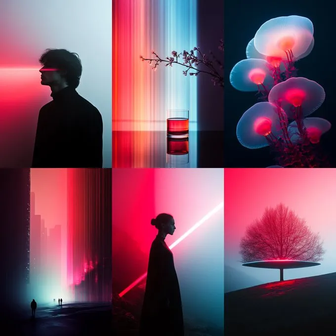 Project_SREF Explorations 028
[Synthetic Serenity]
--sref 1809924337
This Sref blends minimalist futurism with a cyberpunk aesthetic. A saturated palette of reds, pinks, blues, and cyan creates vibrant contrast, highlighting clean geometric shapes and soft textures. The