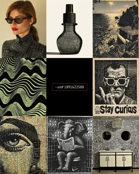 Retro cool meets modern edge  

This --sref 1891622588 blends noir vibes, pop art flair & optical illusions. 

Ready to dive into a world of intrigue? #SrefShare