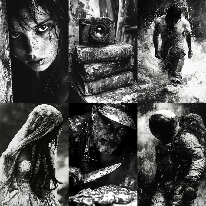 Project_SREF Explorations 061
[Ancestral Raw Decay]
--sref 2005754903
This visual style is raw, visceral, and deeply textured. It employs a monochromatic black-and-white palette, reinforcing the intensity of the scenes and imbuing them with undeniable harshness. The textures