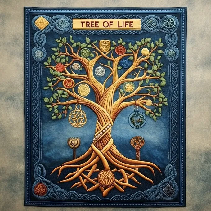 #MJV6 

Celtic tree of life with symbolic emblems embroidered rectangular art work Celtic knots border text "TREE OF LIFE" --p --sref 20240809 --sw 30

Remix & enjoy