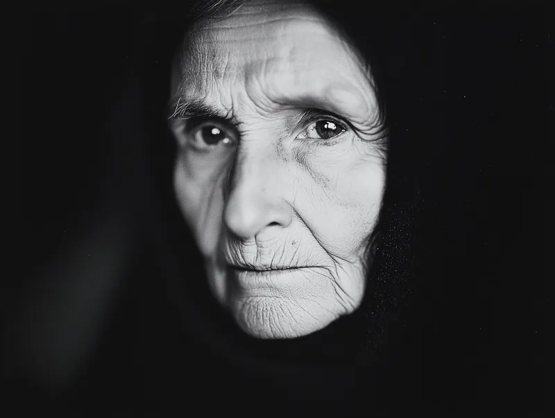 Moody Fujifilm close-up portrait of an old woman with a melancholic expression, captured in deep blacks with an ethereal atmosphere --p 6zzuudb --sref 2025664763 --q 2 --s 750 --ar 4:3 #midjourney61 #AIart #MoodyPortraitAI