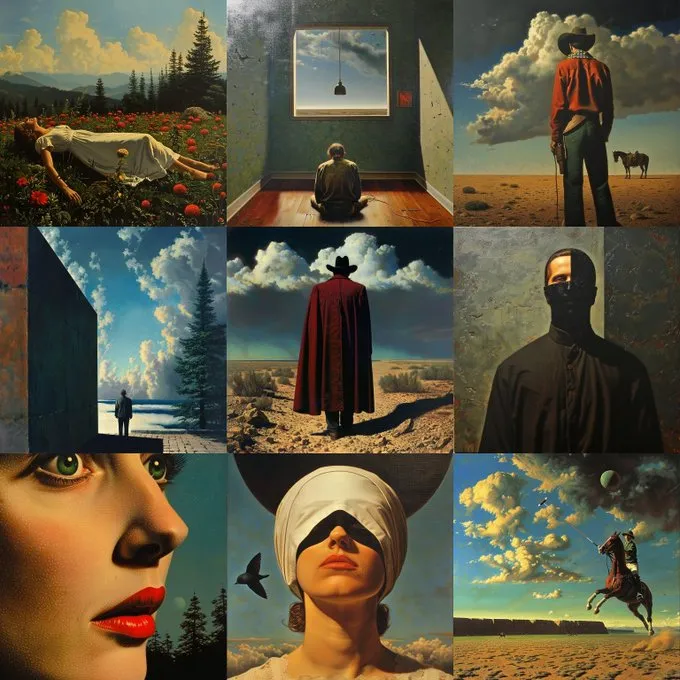 Loving the dramatic mix of surreal and realistic scenes in these images. The rich colors and textures make them look just like oil paintings.
--sref 2030254731