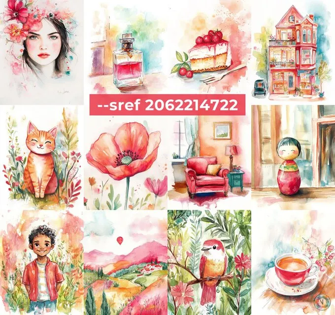 Midjourney --sref 2062214722

Whimsical Watercolor Illustrative.

Soft pastel tones, gentle brushstrokes, delicate details, warm and inviting ambiance, playful charm, light-hearted compositions, organic textures, cozy aesthetics, nostalgic touch, cheerful simplicity.