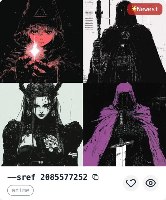 --sref 2085577252

This set of images showcases a dark fantasy style with a restrained color palette, dominated by black, white, and gray, complemented by touches of purple and red. The design conveys a sense of gloom, mystery, and tension. The character depictions are filled