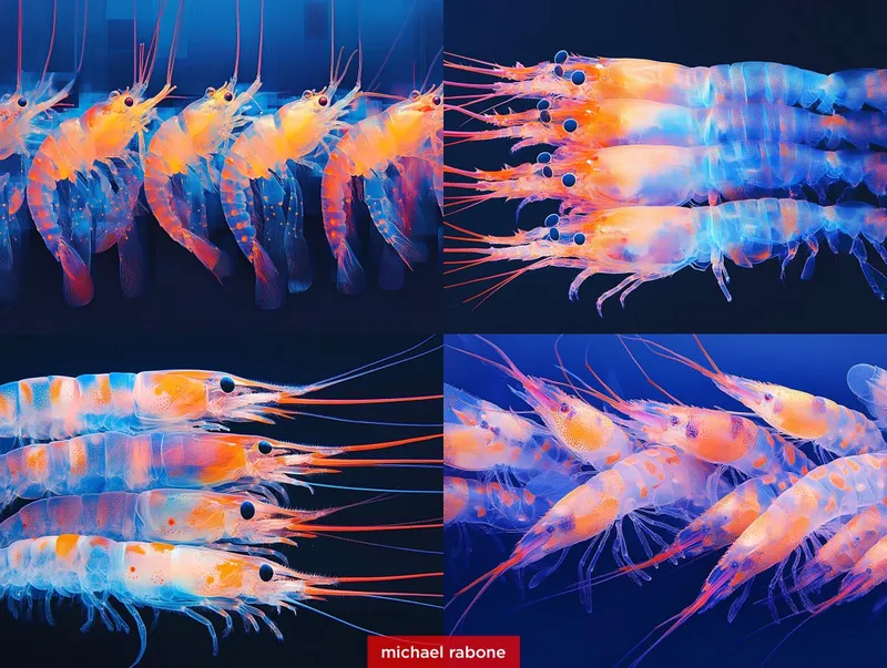 Three --sref and naked shrimp
Blending 3 of my style references

Prompt: shoal of transparent naked shrimp --ar 4:3 --style raw --sref 2326294693 3190971442 868190600 --sw 100 --stylize 300

Show me your shrimp | #Midjourney