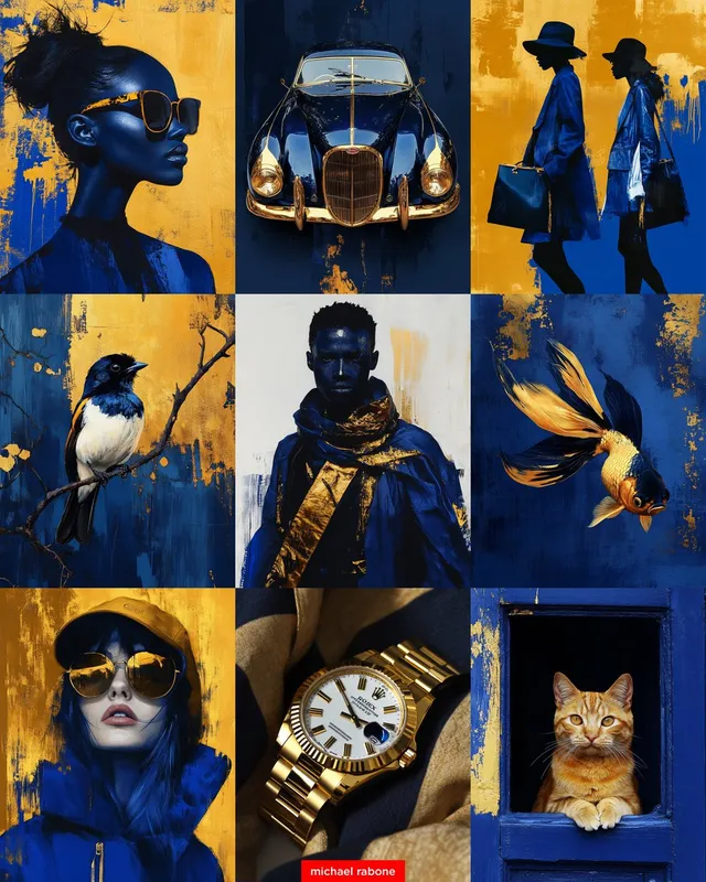 NEW --sref 2377761485

Bling-Bling! Navy blue with brush stroke splashes of gold leaf. Will go 100% photographic if you add 'photography' to your prompt. Loves fashion.

Prompt: goldfish --ar 4:5 --style raw --sref 2377761485 --sw 100 --stylize 300

Enjoy the gold | #Midjourney