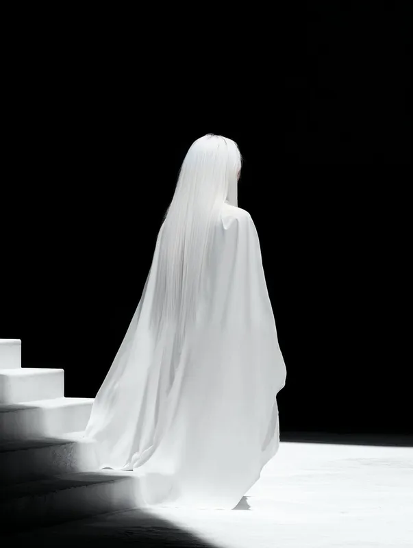 Prompt: back shot editorial photoshoot of a beautiful  woman with white hair walking down the stairs in a white dress, in the style of Tim Walker, a full-body shot for a Vogue magazine, the overall atmosphere has a film-like scene in the style of Dior --ar 3:4 --sref 2445541223