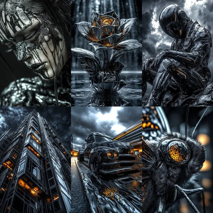 Project_SREF Explorations 023
[T-1000]
--sref 2792285418
This Sref is characterized by a monochromatic palette of dark tones (black and gray), contrasted with bright orange accents, creating a dramatic and futuristic visual effect. The predominant textures are smooth and