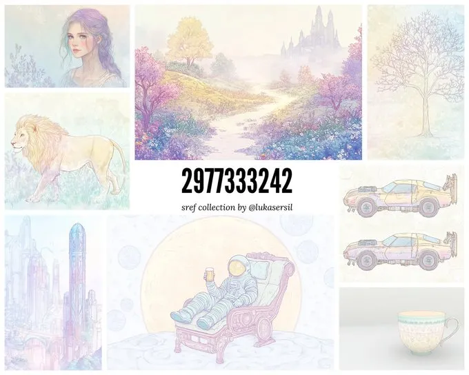 SREF CODE COLLECTION

Children's books, Decorative art, Greeting cards

--sref 2977333242

Basic characteristics:
Colors: Pastel hues, Soft gradients, Muted tones
Style: Whimsical illustration, Light, delicate lines, Dreamlike quality
Visualization Type: