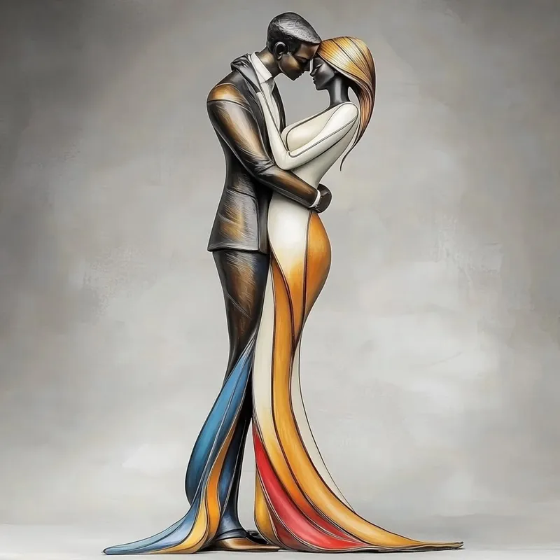 #MJV6 
Embrace the weekend 
Spend it with a loved one 

sculpture of tall elegant slim man and woman lovers embracing in copper with patina smooth rounded flow multi coloured geometric background --p --sref 306744668 20240809

Remix , enjoy & have a gr8 weekend