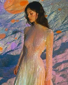 Combinaison de 3 codes --sref 

Prompt Midjourney :
photo of beautiful brunette woman in shimmering dress in a surreal and ethereal landscape. color palette with light orange, coral hue, soft pink, vibrant orange, cool blue, lavender-purple --sref 469439129 3232544703