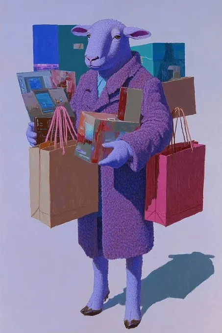 photo of a full body image of a group of an anthropomorphic sheep in fashionable clothing outfit with big shopping bags of fashion and electronics, press photo --ar 2:3 --sref 3346166658 --p --sw 400 --s 400 --v 6.1