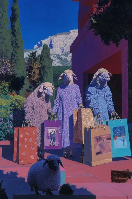 photo of a full body image of a group of an anthropomorphic sheep in fashionable clothing outfit with big shopping bags of fashion and electronics, press photo --ar 2:3 --sref 3346166658 --p --sw 400 --s 400 --v 6.1