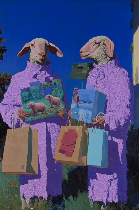 photo of a full body image of a group of an anthropomorphic sheep in fashionable clothing outfit with big shopping bags of fashion and electronics, press photo --ar 2:3 --sref 3346166658 --p --sw 400 --s 400 --v 6.1