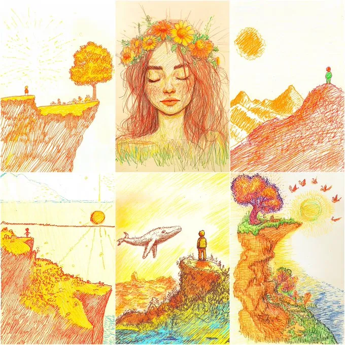 Children's drawing series 4   
Orange, yellow and lines  

--sref 3434749121

#midjourney #ai #sref #AIart #AIArtwork  #storybook