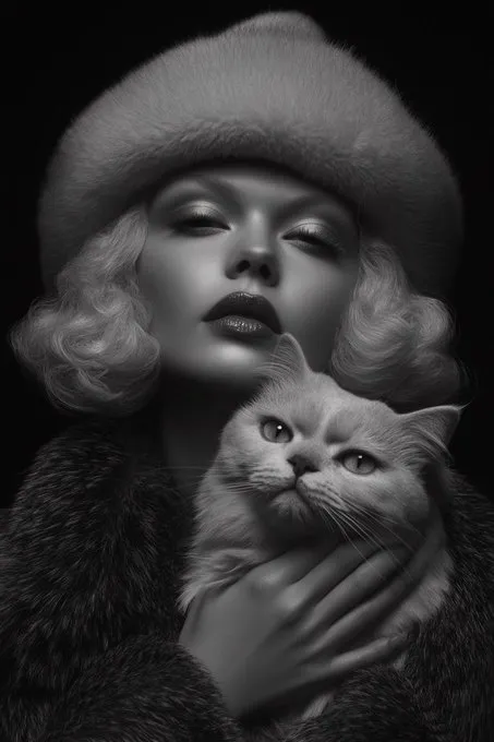 Old Hollywood Glamour --sref 3510839419

(sref from Bert Co on Facebook MJ group) 
(@CalebDo49324787 on 𝕏)
Prompt: SUBJECT holding a mainecoon cat --sref 3510839419 --ar 2:3 --style raw --v 6.1 --stylize 200