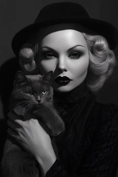 Old Hollywood Glamour --sref 3510839419

(sref from Bert Co on Facebook MJ group) 
(@CalebDo49324787 on 𝕏)
Prompt: SUBJECT holding a mainecoon cat --sref 3510839419 --ar 2:3 --style raw --v 6.1 --stylize 200