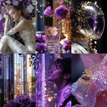 Project_SREF Explorations 038
[Celestial Purple Reverie]
--sref 3535574937
This Sref, dominated by shades of purple and gold, creates an opulent, mysterious, and surreal atmosphere. Light glimmers and metallic reflections highlight the textures, from embroidered fabrics to