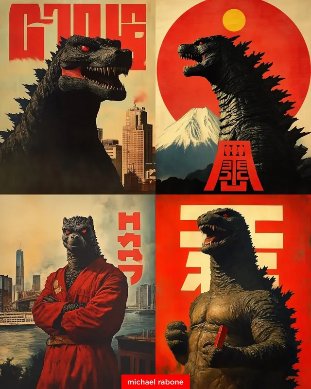 Mixing 3 styles + poster prompt

Prompt: godzilla vintage retro monster movie poster with dirt stains damage and scratches, japanese ukiyo-e print --ar 4:5 --style raw --sref 3563478172 259501761 3519381489 --sw 100 --stylize 300

Monster magic with #Midjourney