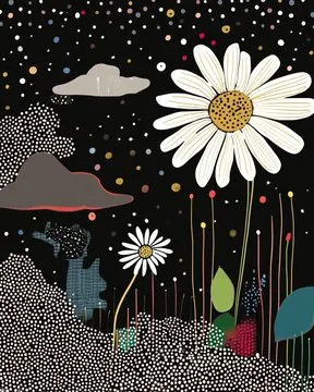 GM! --sref 3565899462 #PromptShare Everyone Welcome
Not everyone is on MJ so I tried to reverse this style for others to try it. This is what I got!

Prompt: SUBJECT, black sky with stars and clouds, [big white daisy flower] in foreground, colorful collage style illustration,