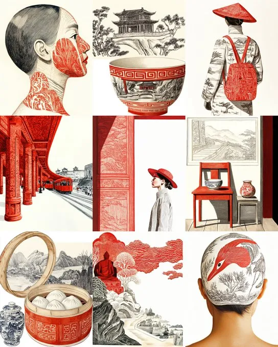 Red meets traditional Asian elements, combining culture with a modern look.
--sref 3625802337