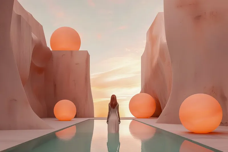 PROMPT A woman standing by a pool overlooking orange lights, in the style of minimalist geometry, surreal 3d landscapes, saturno butto, eduard gaertner --ar 128:85 --v 6.0 --sref 3653930635