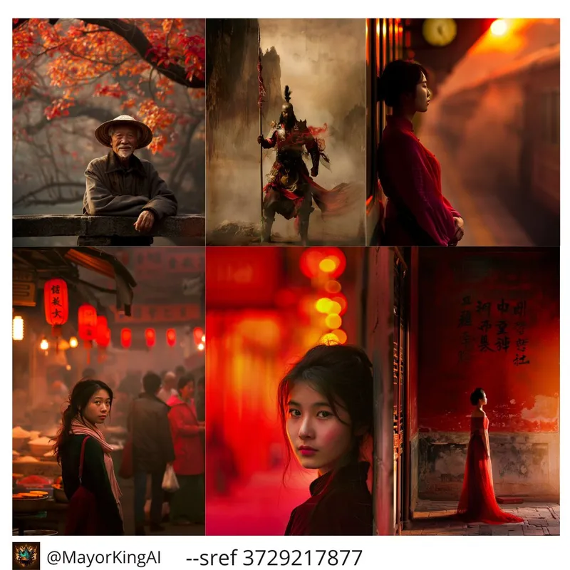 Midjourney style code: Chinese vibes  
--sref 3729217877

Style that evokes nostalgia with a traditional Chinese ambiance and aesthetic, with details such as the red lamps and the contrast of light and dark, works well with photography, cinematic style and painting. 

Try it