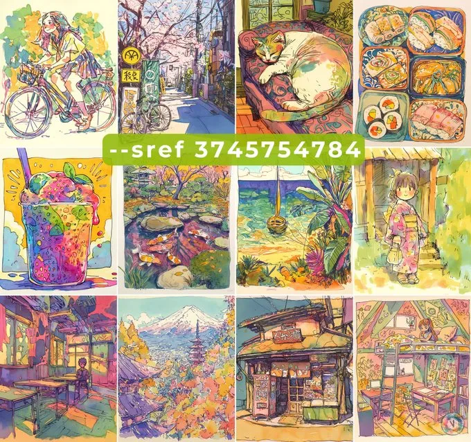 Nijijourney --sref 3745754784

Watercolor Anime.

Vibrant pastel tones, playful outlines, Japanese pop culture, serene and lively atmospheres, dreamy landscapes, soft textures, whimsical mood, highly stylized, cozy, charming, illustrative.

Prompt in Alt. #PromptShare #niji