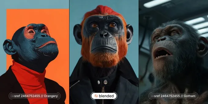 Show me your BLEND

This is the latest feature of Midjourney.
Now you can blend multiple --sref codes like this:

monkey --sref 3850374981::2 2464752455::1 --p

Blend two or more of your favorite --srefs.

Let's go!