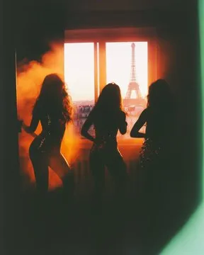 Photo of three women dance in sequined disco clothing, early morning in parisian apartment, cigarette smoke, whimsical haussmannian room with view on eiffel tower --ar 4:5 --style raw --sref 3861771670 3909366337 1763275657 --v 6.1