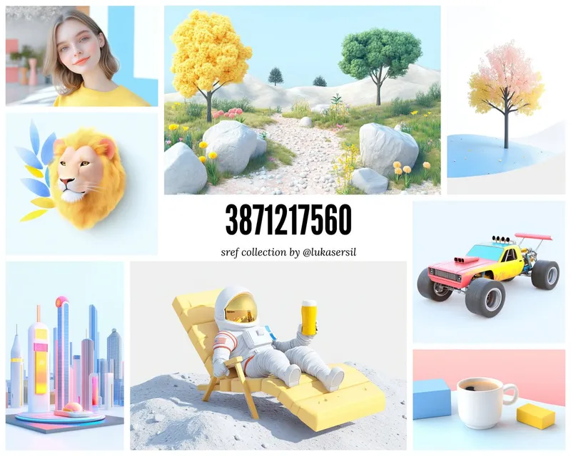 SREF CODE COLLECTION

Marketing campaigns, Editorial illustration, Product design inspiration

--sref 3871217560

Basic characteristics:
Colors: Bright and vibrant color palette, pastels, use of yellow, blue, and pink hues.
Style: 3D render style, minimalistic and