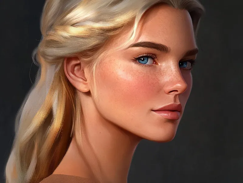 The sunlight caresses golden locks, like waves of light shimmering. Blue eyes like clear lakes, reflecting a pure soul. Flowery cheeks with delicate freckles, like stars adorning the sky of her soft skin.
--sref 39724905