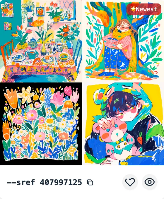 --sref 407997125

The style is vibrant and lively, featuring bright colors and a simple hand-drawn style that evokes a warm, healing atmosphere. Whether depicting everyday scenes, natural flowers, or characters, the artworks showcase rich details and a playful, whimsical quality.