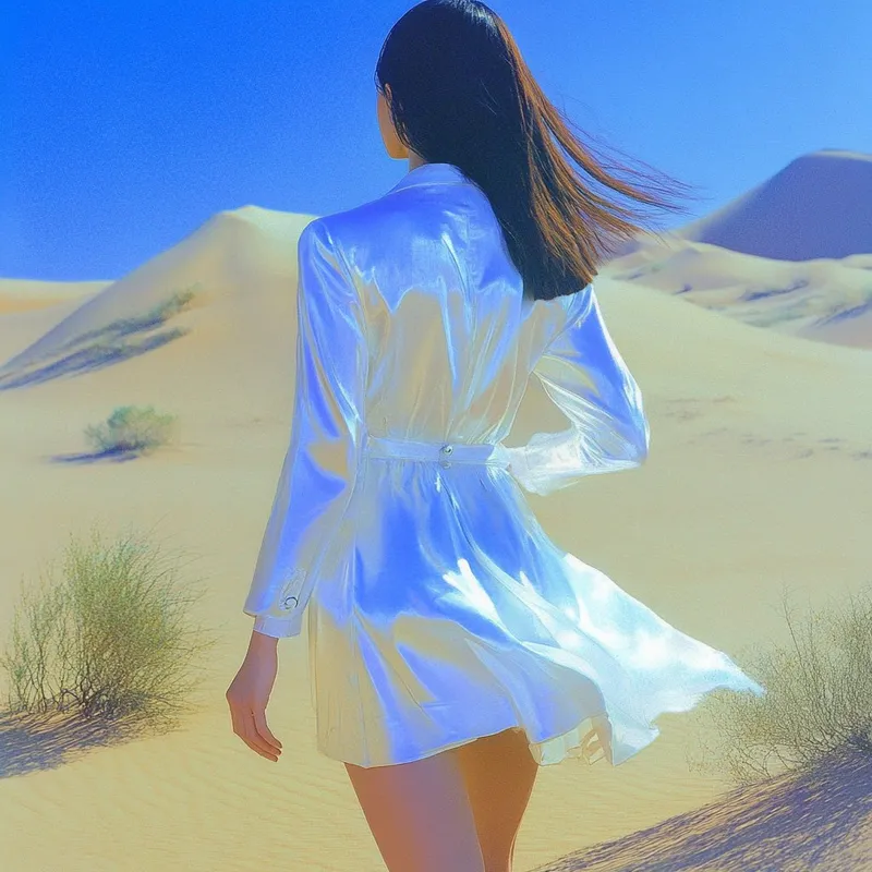 woman in white small dress, long shot in the desert --sref 4155931906 999437193 870588393