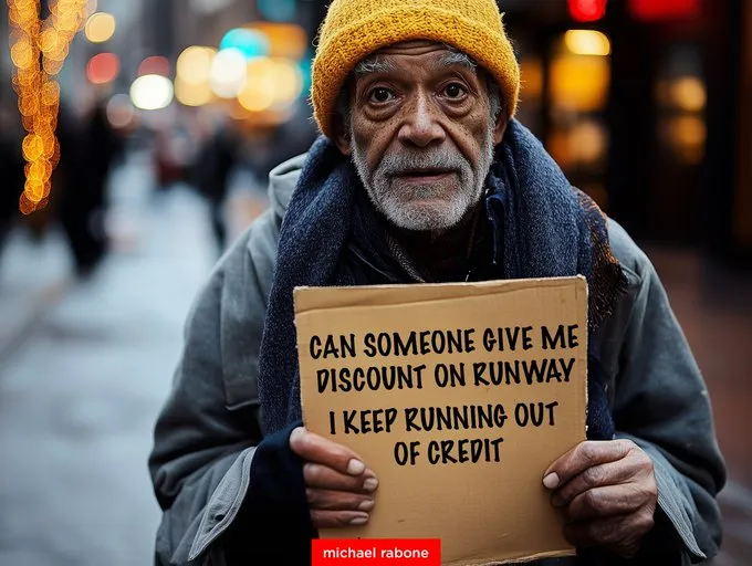 Those Credits Run Out Fast! 
Close-up street portrait of elderly homeless man holding a cardboard poster that says "CAN SOMEONE GIVE ME A DISCOUNT ON RUNWAY I KEEP RUNNING OUT OF CREDIT" --ar 4:5 --style raw --sref 4172525597 --sw 100 --stylize 600

#Midjourney + #Runwayml