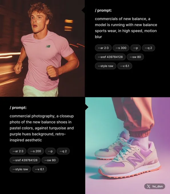 Prompt Sharing :   

New Arrival!
New Balance Luminous Softness series.

Prompt:   
commercials of new balance, a model is running with new balance sports wear, in high speed, motion blur --ar 2:3 --quality 2 --style raw --sref 439784128 --p --sw 80 --stylize 300 --v 6.1