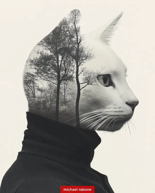 Double exposure --sref with cat
Sometimes animal prompts will mix with people as this style usually gravitates more to people portraits.

Prompt: cat double exposure --ar 4:5 --style raw --sref 449454483 --sw 100 --stylize 300 --v 6.1

Share your creations | #Midjourney