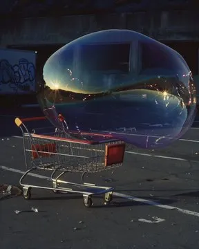 a large iridescent and heterogeneous soap bubble floating through a parking lot above an abandoned red shopping cart, sparkling and glistening in the sun. The bubble is reflecting the world around it as it glistens --ar 4:5 --sref 469710847 --no sphere