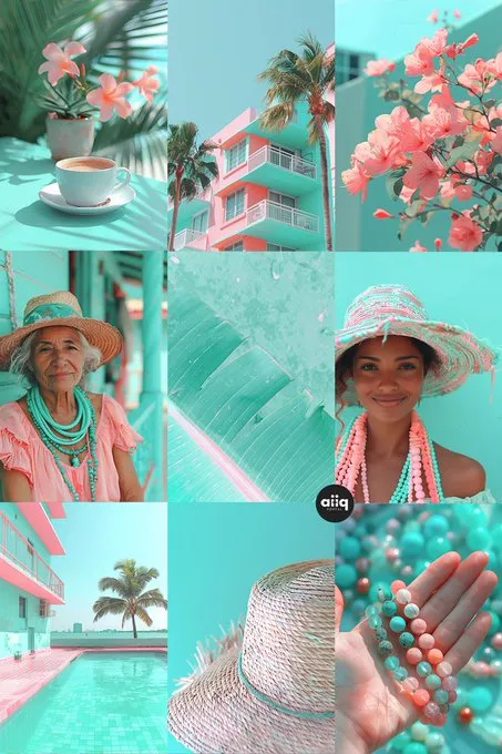 Midjourney Style Reference code --sref 472 is dreamy.

Pastel Dreamscape

Soft pastels: mint green, coral pink, light turquoise, pale pink

Dreamlike with hazy, soft focus (majority of images)

This sref gave me tropical, Miami vibes so I went with it.

more