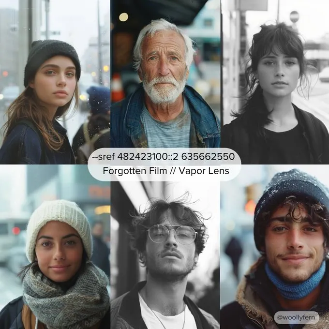 Candid street portraits using an SREF blend:

--sref 482423100 // Forgotten Film
--sref 635662550 // Vapor Lens

Prompt settings: --sref 482423100::2 635662550 --stylize 500 --weird 1 --v 6

Forgotten Film is an incredible SREF for film-like images. It's a really fun one to