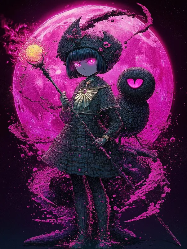 Prompt: Made with @morphrAI prompt generator  
Image: @Midjourney
Sref: --sref 538088699 2871316377

anime characters in contrasting outfits posed dramatically against purple moon, one wielding staff, other in relaxed stance, magical girl genre, character duality, nocturnal