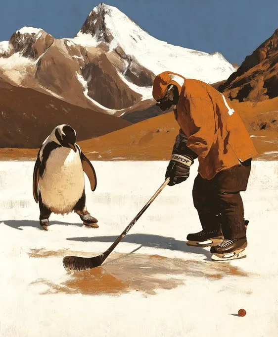  Day 26/1000 in Midjourney.

►Prompt: Penguins playing ice hockey on a frozen lake
▷Sref: --sref 634490397

#majeokey