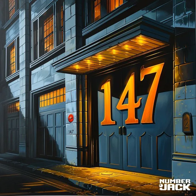 Golden Entrance 

On the street with a number so neat,
Lives a house with a quite special feat,
Number 147,
Glows like it's from heaven,
With golden lights, it can't be beat!

147  
--sref 6918667320

#noir #atmospheric #urban #NumberJack