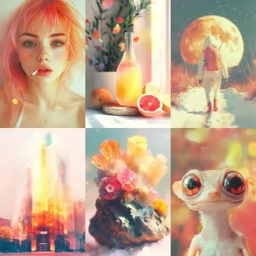 Project_SREF Explorations 033
[Amber Dawn]
--sref 728357240
This Sref is characterized by ethereal magical realism with a warm palette, soft colors, and blurred textures that evoke a world of fantasy, nostalgia, and dreaminess. Natural and surreal elements intertwine to